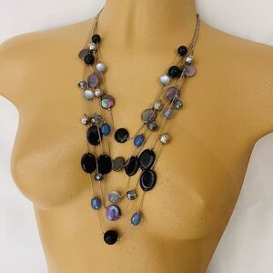 Beautiful Jules C Necklace Multi Layer Shell Black Silver Blue Beads Floating